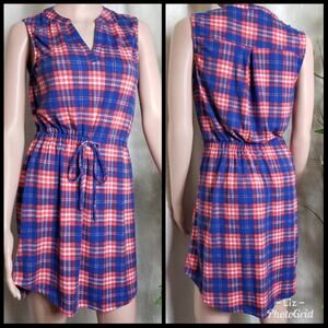 Lily Rose | Red Blue Plaid Dress Elastic Waist Tie Accent